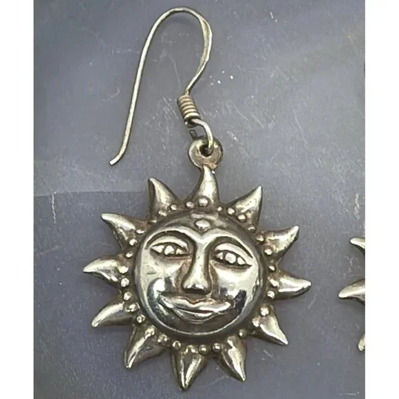 Vintage 925 Sterling Silver Smiling Sun Face Sunburst Dangle Drop Boho Earrings - Picture 5 of 9